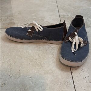 Clarks Men's Denim Navy and Brown lace up Boat Shoes sz 8.5
